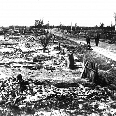 Сожженная оккупантами д. Хоростово Ленинского района. Белорусский государственный архив кинофотофонодокументов.